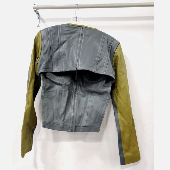 The Glamour Blueprint Trieze Biker Jacket Lambskin Leather Gray Green Women's L - Picture 6 of 12
